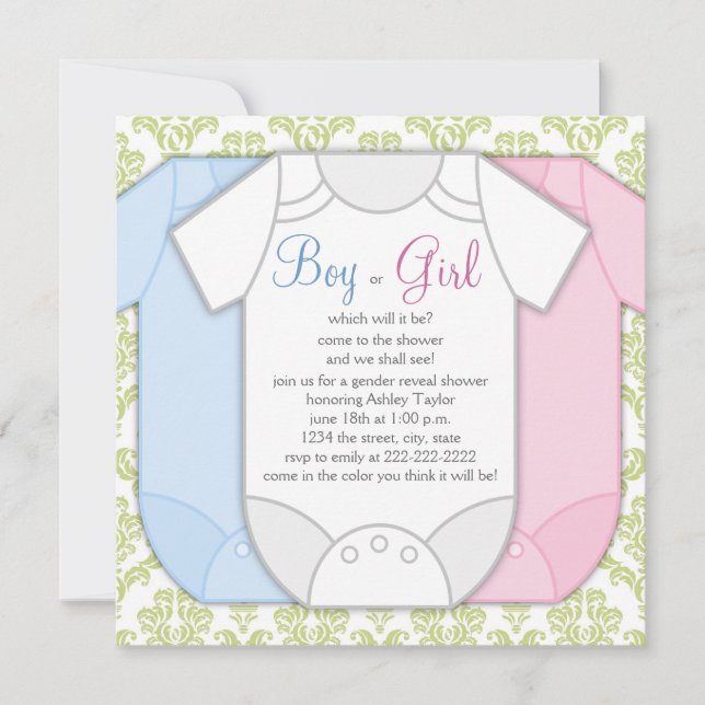 Green Damask Gender Reveal Shower Einladungen (Vorderseite)
