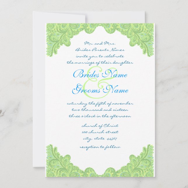 Green Damask Hochzeitseinladungen Einladung (Rückseite)