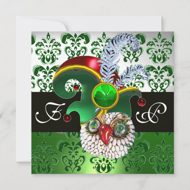GREEN DAMASK ,JEWEL OWL ,ELF HAT,DIAMOND FEATHERS EINLADUNG (Vorderseite)