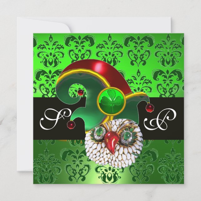 GREEN DAMASK ,JEWEL OWM MIT ELF HAT MONOGRAM EINLADUNG (Vorderseite)