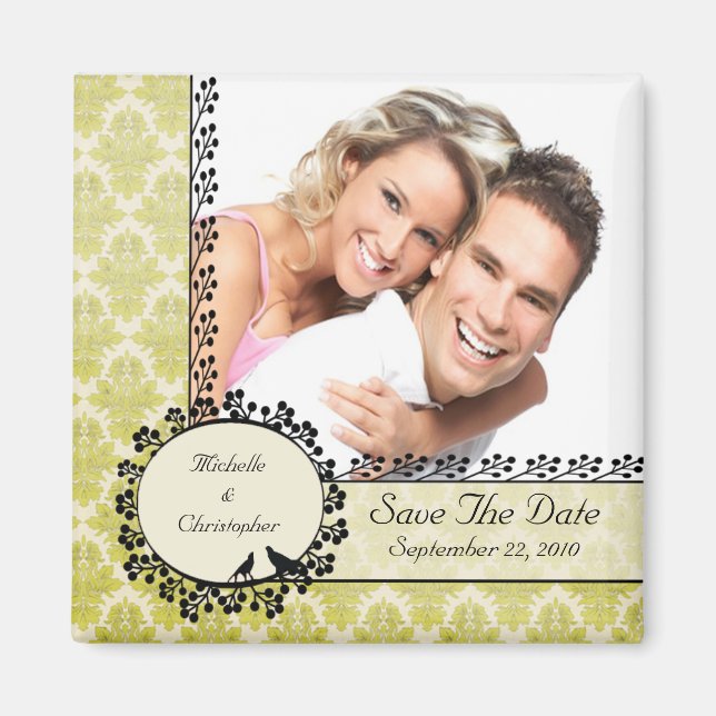 Green Damask Love Birds Foto Speichern das Date Ma Magnet (Vorne)