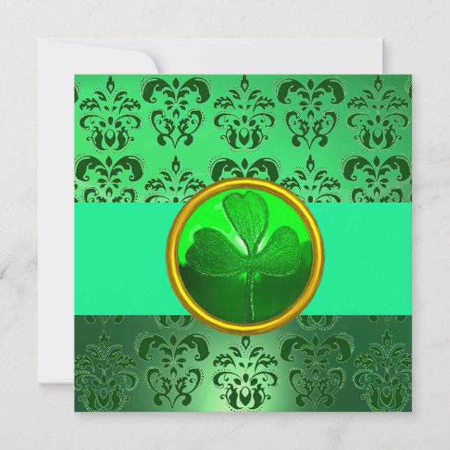 GREEN DAMASK MIT KLEEBLATT, schwarzem Gold Einladung (Vorderseite)