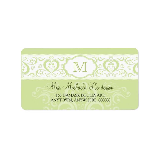 Green Damask Monogram-Adresse Adressaufkleber (Vorne)