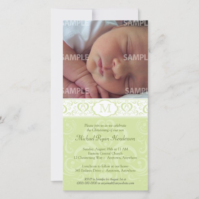 Green Damask Monogram Baptisc/Christening (Vorderseite)