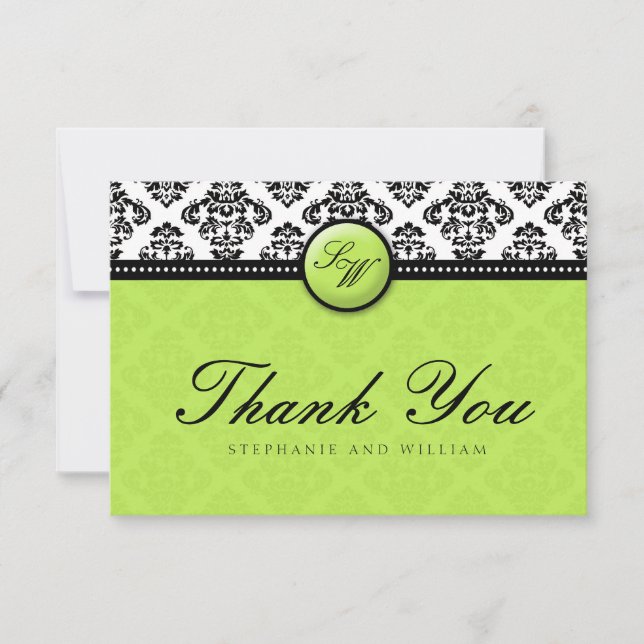 Green Damask Monogram Wedding Danke Card (Vorderseite)