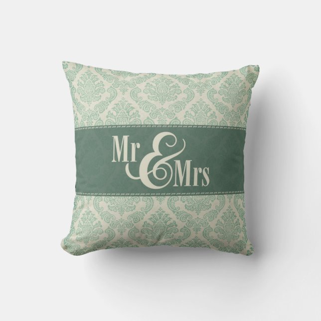 Green Damask "Mr & Mrs." Kissen, personalisiert Kissen (Vorderseite)