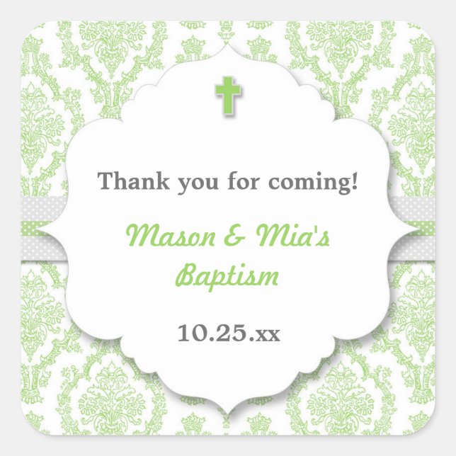 Green Damask neutral gen Christening Baptismus zu  Quadratischer Aufkleber (Vorderseite)