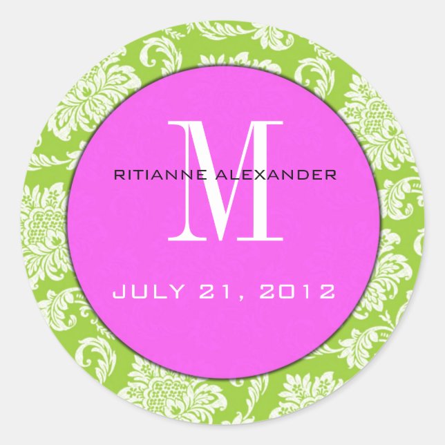 Green Damask Pink Monogram Wedding Sticker (Vorderseite)