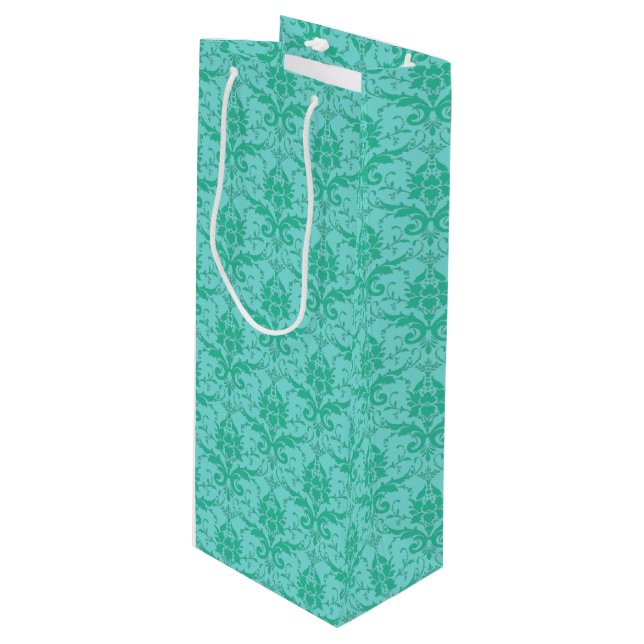 Green Damask Print Wine Gift Bag Geschenktüte Für Weinflaschen (Vorderseite Schrägansicht)