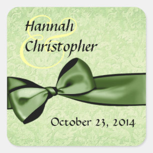 Green Damask und Imitate Satin Bow Wedding Quadratischer Aufkleber