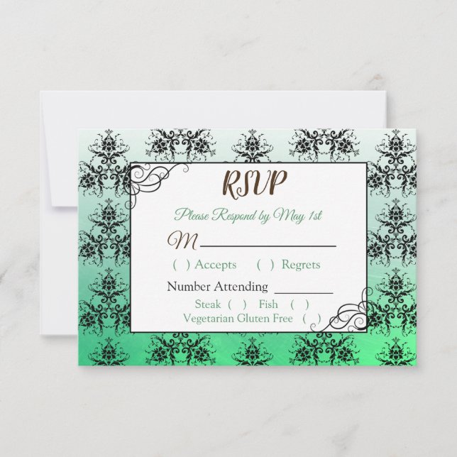 Green Damask Wedding RSVP-Karte RSVP Karte (Vorderseite)