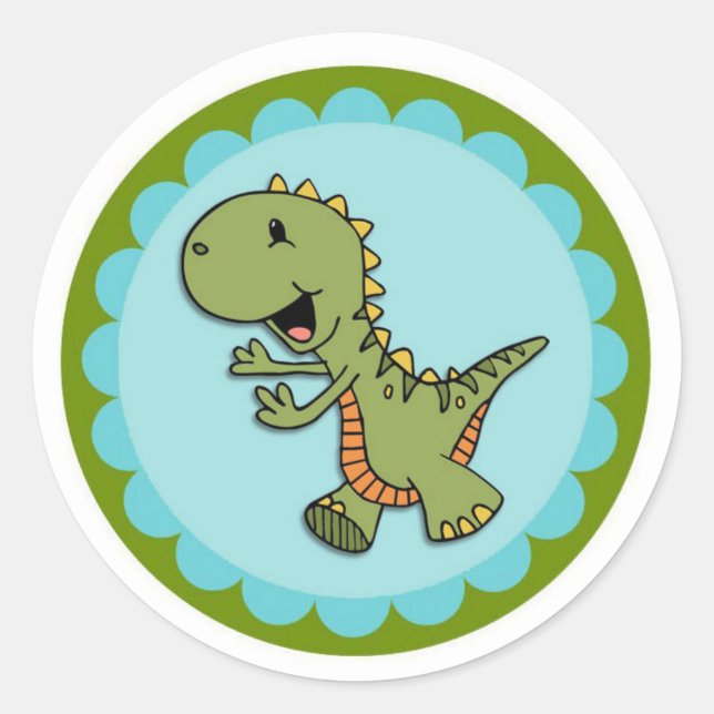 Green Dancing Dinosaur Round Stickers (Vorderseite)