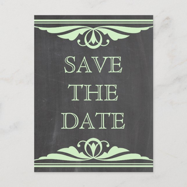 Green Deko Chalkboard Save the Date Postkarte (Vorderseite)