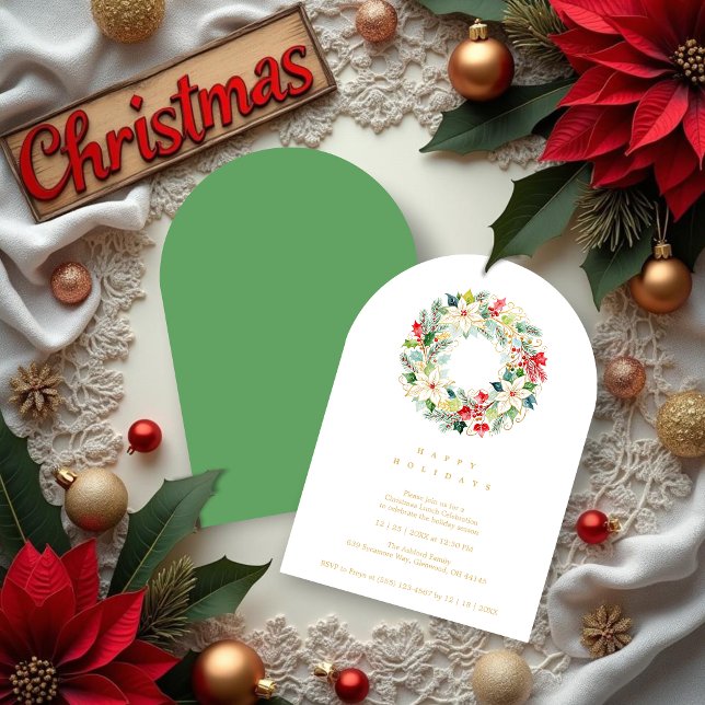 Green Delicate Chic Winter Christmas Wreath Party Einladung (Delicate Chic Winter Christmas Wreath Holiday Party Invitations Cards in Digital Watercolor Style.)