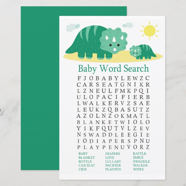 Green Dino Baby Shooter Word Search Game (Vorne/Hinten)