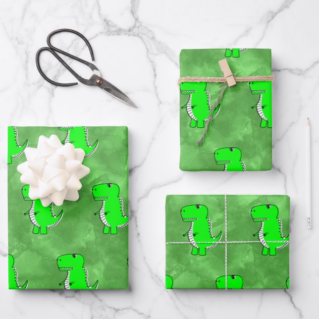 Green Dino Watercolor Kinderdusche Geschenkpapier Set (Vorderseite)