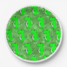 Green Dino Watercolor Kinderdusche Pappteller