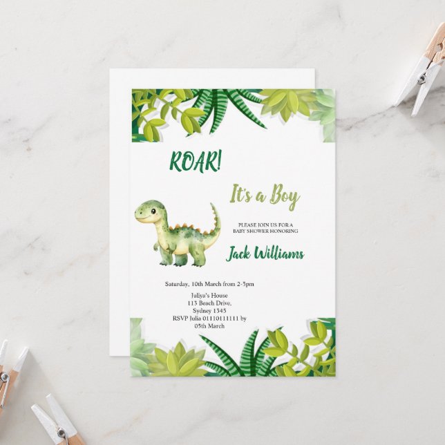  GREEN DINOSAUR  BABYSHOWER  EINLADUNG (Vorderseite/Rückseite Beispiel)