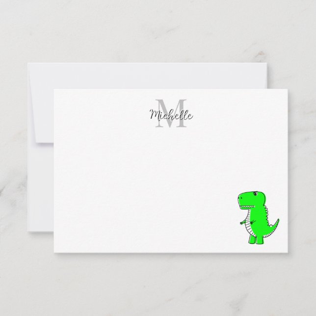 Green Dinosaur Drawing Custom Monogram Mitteilungskarte (Vorderseite)