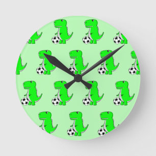Green Dinosaur Lieben Fußball-Cartoon Muster Runde Wanduhr