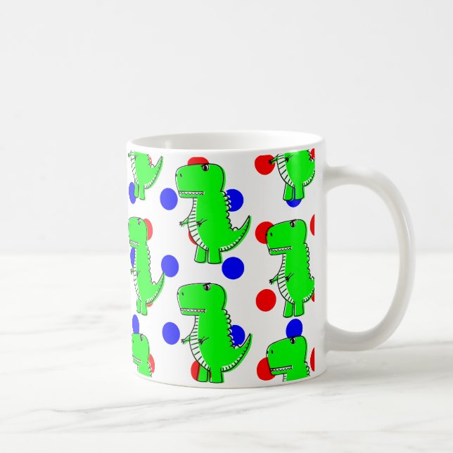 Green Dinosaur Red Blue Polka Dot Pattern Kaffeetasse (Rechts)