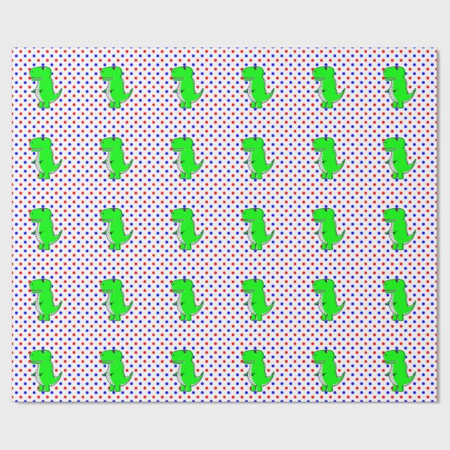 Green Dinosaur Red Blue Polka Dots Wrapping Paper Geschenkpapier (Flach)