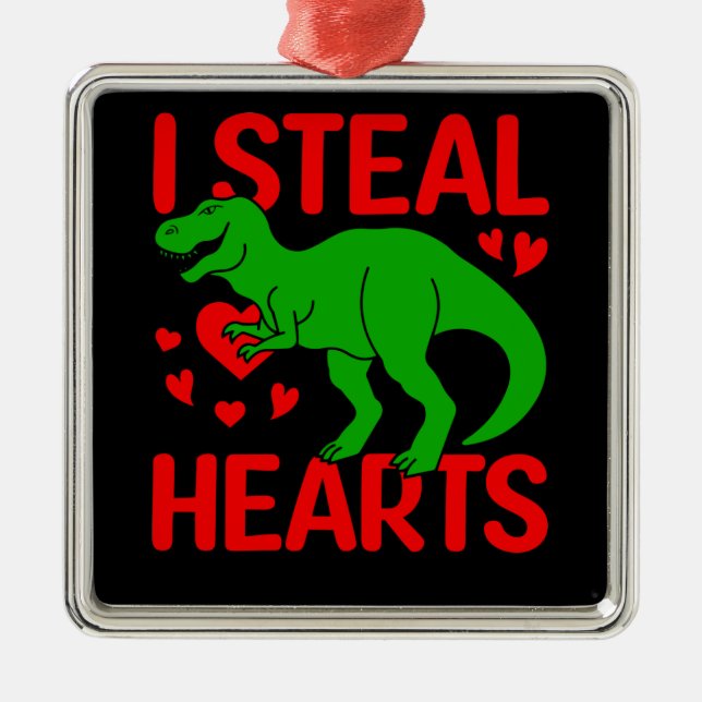 Green Dinosaur Valentine I Steal Hearts Ornament Aus Metall (Vorne)