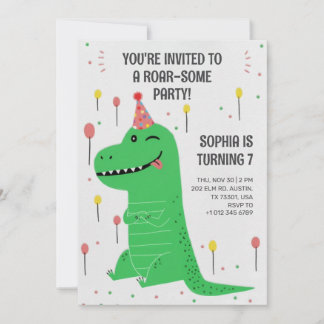 Green dinosaur with a party hat birthday  einladung