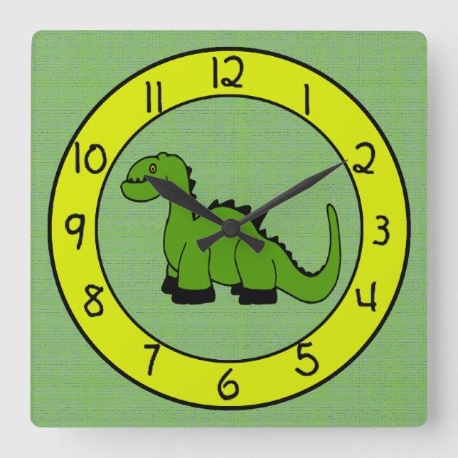 Green Dinosaurier Wall Clock für Kinder Quadratische Wanduhr (Vorderseite)