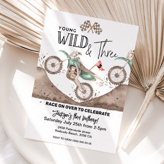 Green Dirt Bike 3. Geburtstag Junge WILD und DREI Einladung