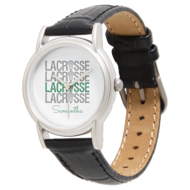Green Distressed Lacrosse Word Armbanduhr (Schrägansicht)