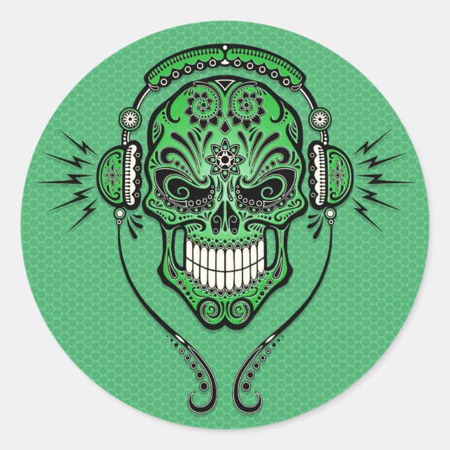 Green DJ Sugar Skull Runder Aufkleber (Vorderseite)