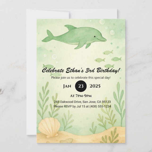 Green Dolphin & Undersea Garden Birthday  Einladung (Vorderseite)