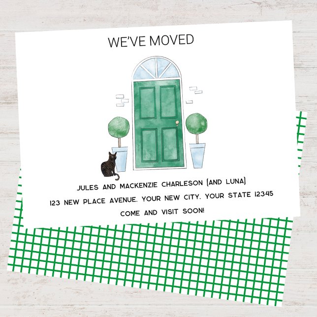 Green Door Cat haben wir neue Zuhause Ankündigung (Green door cat watercolor custom text new home we I have moved change of address moving announcement)