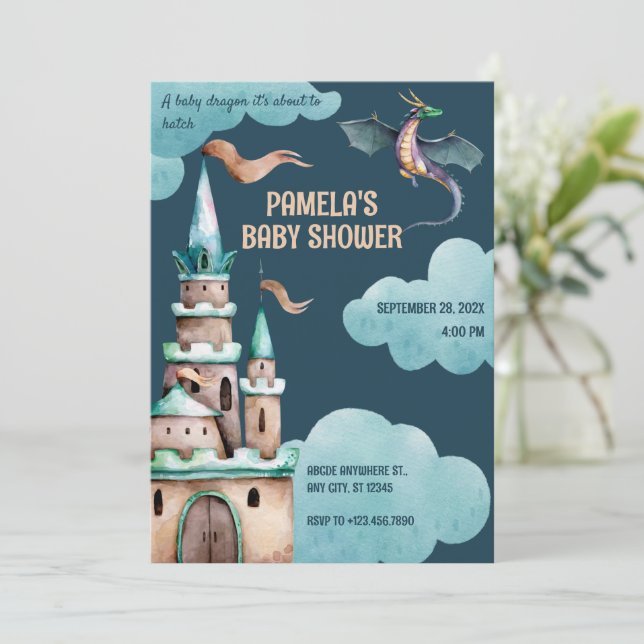 Green Dragon Burg Babydusche Einladung (Stehend Vorderseite)