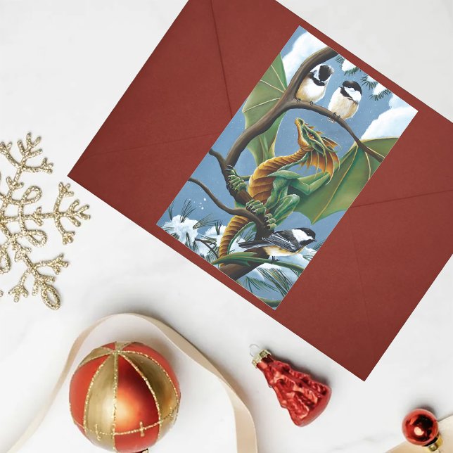 Green Dragon Chickadees Winter Rechteckiger Aufkleber (Von Creator hochgeladen)