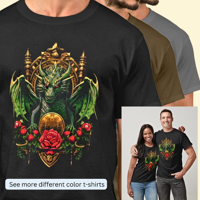 Green Dragon on Gold Throne with Red Blume T-Shirt (Von Creator hochgeladen)