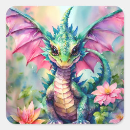 Green Dragon Pink Wings Floral Wasserfarbe Quadratischer Aufkleber