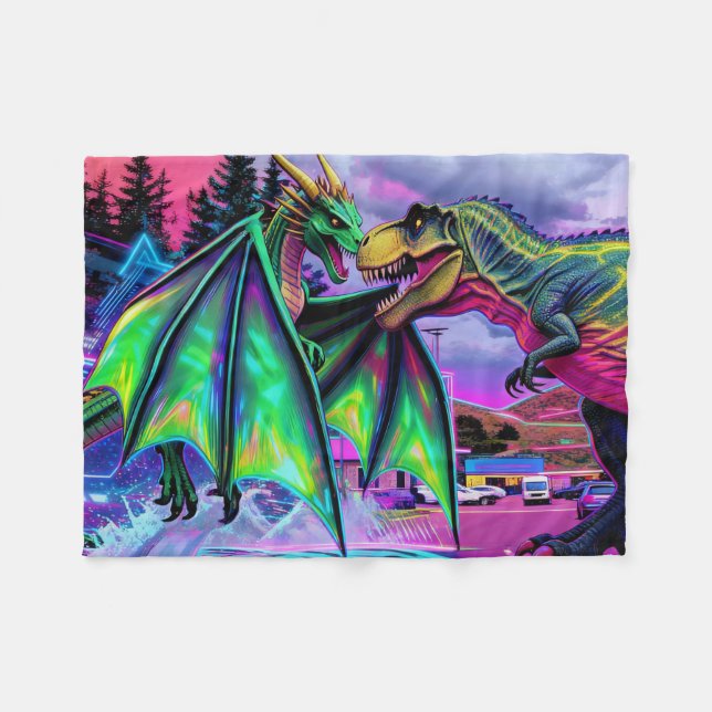 Green Dragon vs Dinosaur Fleecedecke (Vorderseite (Horizontal))