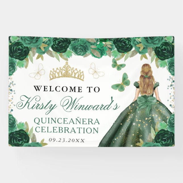 Green Dress Blonde Princess Floral Quinceanera Banner (Horizontal)