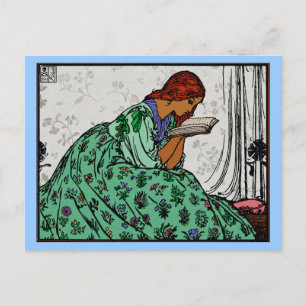 Green Dress Reading Woman Classic Illustration Postkarte