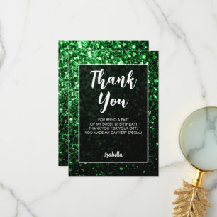 Green dunkle Glitzern Sweet 16 elegante Schrift Dankeskarte