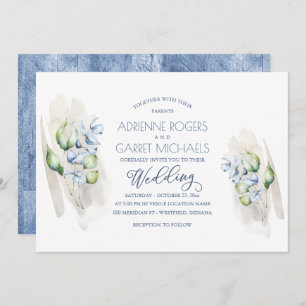 Green & Dusty Blue Eukalyptus Rustic Wood Wedding Einladung
