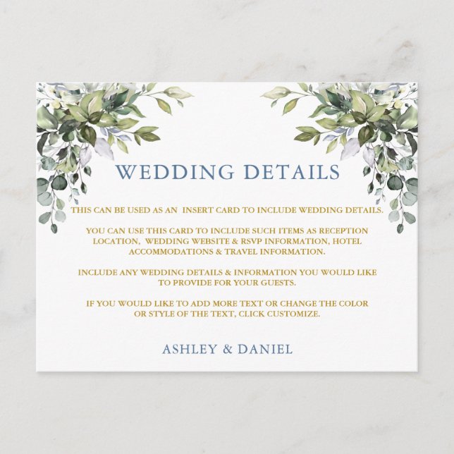 Green Dusty Blue Gold Wedding Details Card Postkarte (Vorderseite)