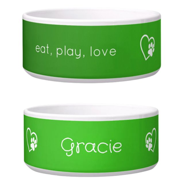 Green 'eat, play, love' Dog Name Bowl Napf (Von Creator hochgeladen)