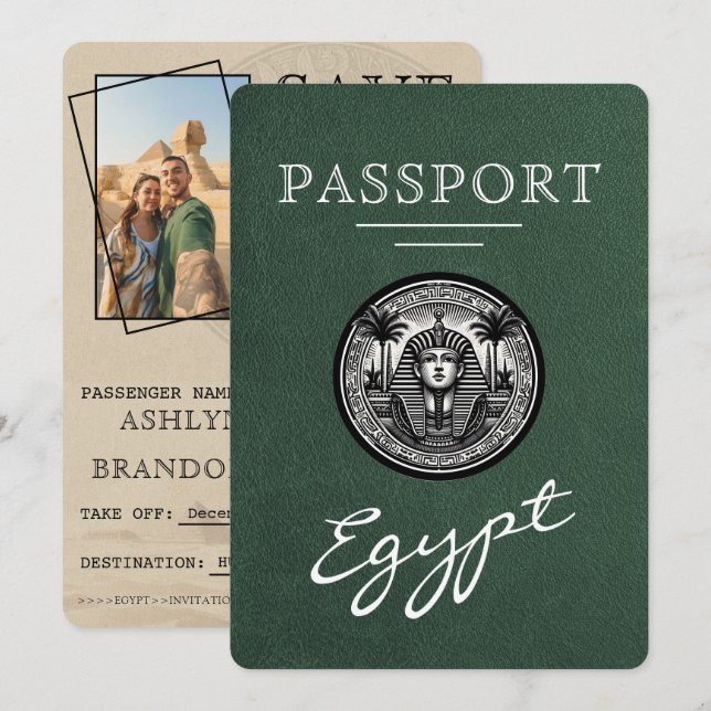 Green Egypt Passport Wedding Save the Date (Vorne/Hinten)
