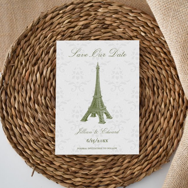 Green Eiffel Tower Damask Save the Date Ankündigung (Green Eiffel Tower Damask Save the Date)