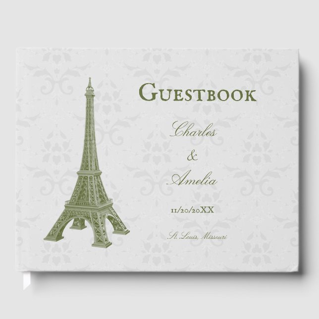 Green Eiffel Tower Damask Wedbook Gästebuch (Vorderseite)