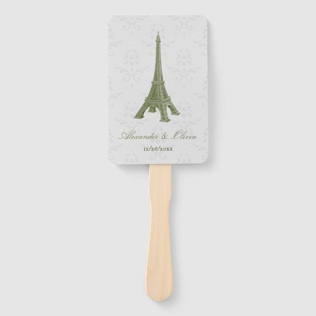 Green Eiffel Tower Damask Wedding Gefallen Hand Fa Fächer (Vorderseite)