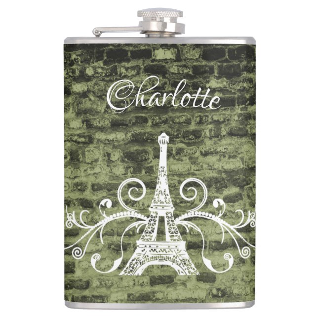 Green Eiffel Tower Grunge Flask Flachmann (Vorderseite)